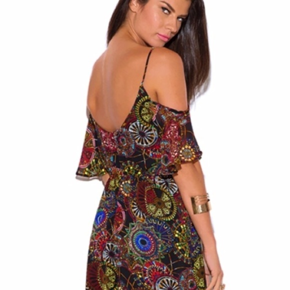 New With Tags Black Print High Low Hem Cold Shoulder Dress Size Small - Picture 3 of 4